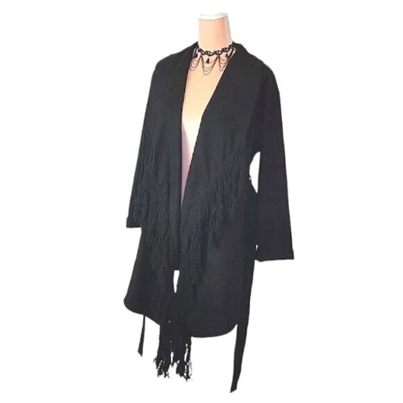 Y2K Black Western Chic Front Fringe Waterfall Belted Midi Jacket Small NWT - Picture 11 of 17
